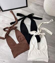 Cropped Turtleneck Adjustable Multi-Way Women's Simple Backless / Backless Hollow / Cut Out Holiday - Blanco - Ver 4