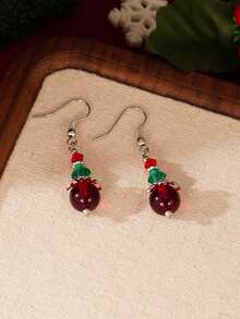 1Pair Cute Christmas Red And Green Beaded Dangle Earrings - Holiday Festive Jewelry Gift For Women