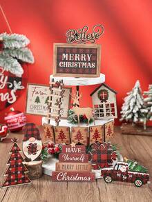 16 pezzi Set di vassoi a più livelli per decorazioni natalizie, set di decorazioni in legno appese con motivi di camion, renne, fiocchi di neve, alberi di Natale, decorazioni natalizie rustiche, centrotavola, decorazioni natalizie allegre, decorazioni natalizie per la casa - Multicolore - Visualizzare 3