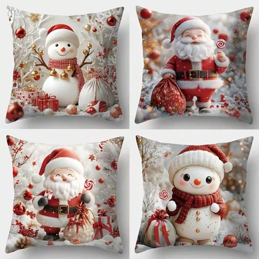 4 piezas Fundas de cojín con estampado de muñeco de nieve y Papá Noel, estilo contemporáneo, de poliéster con cierre de cremallera, lavables a máquina, funda de cojín suave adecuada para Navidad, invierno, granja, sofá, cama, sala de estar, decoración del hogar