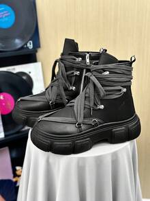 SLnU3 SLNU★3品牌，男士新款高品质休闲鞋，时尚滑板鞋，高帮皮革系带时尚鞋（随机鞋跟带文字），朋克风格男士休闲运动靴 - 黑色 - 查看 7