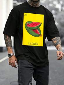 Camiseta con estampado de sandía para hombre, estilo veraniego, moderna, informal, de manga corta, cómoda mezcla de algodón, estilo veraniego, diseño único, regalo perfecto. - Negro - Ver 2
