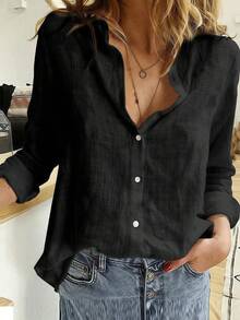 Women's Cotton Linen Blouse Long Sleeves Plus Size - 黑色 - 查看 11