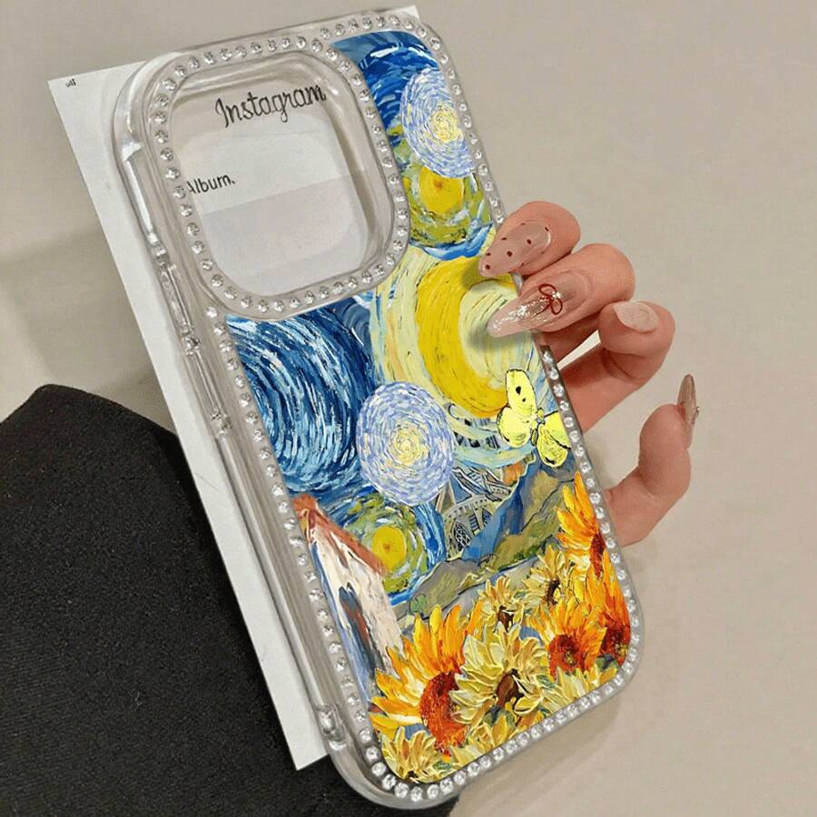 Teléfono con flores tipo pintura al óleo, teléfono 3 en 1 con grabado de doble cara, adecuado para phone16promax, 16 15pro 14 14 Plus/14 Pro 13 13 Pro 12Pro 11pro Promax Series. Suave anticaídas y resistente a las manchas, adecuado tanto para hombres como para mujeres con decoración. - transparente - Ver 1