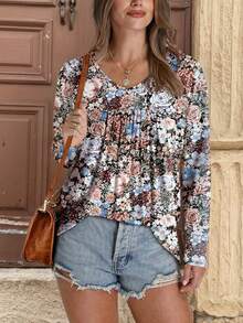 Plus Size Women's New Year Printed V-Neck Casual Long Sleeve T-Shirt, Spring/Autumn Vacation - Multicolor - View 3