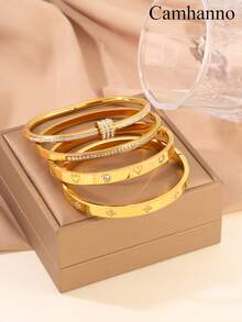 Camhanno 4 Pieces Chic And Delicate Stainless Steel Bracelets Assortment With Special Heart - Themed And Decorative Motifs, Suitable For Dating, Party Gathering And Daily Commute, A Fabulous Gift To Show Your Taste