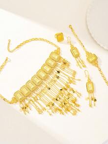 5-Piece Set: Elegant Rose Design Jewelry Set Including Necklace, Bracelet, Earrings, Ring. 24K Gold Plated Copper Meteor Shower V-Shaped Tassel Necklace, Gift For Mother's Day, Valentine's Day, Women