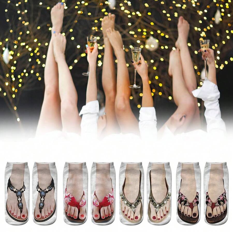 4 Pairs Funny Flip Flop Manicure Print Socks 3D Pattern Socks Sandal Printed Socks Low Cut Ankle Socks Running Yoga Socks