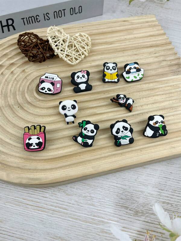 10 Stücke/Set süße Panda Cartoon Muster Sandalenzubehör, DIY individuell gestaltbare Slipper Dekoration, geeignet für Strand, Urlaub, Geburtstagsgeschenk