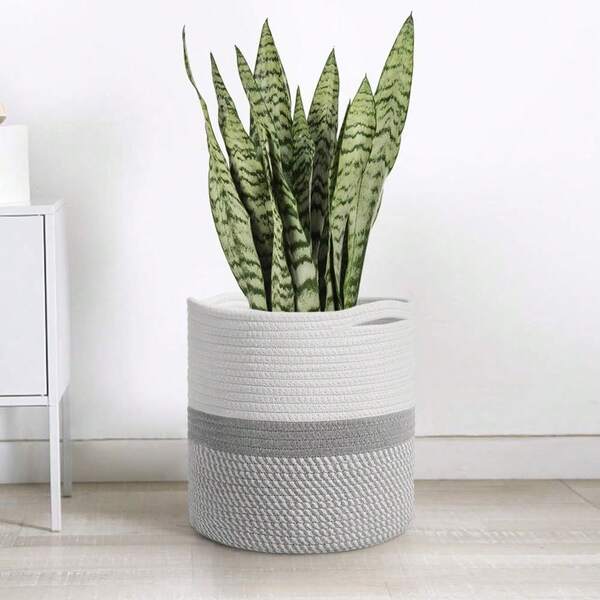 1pc Jute Rope Plant Basket, Modern Woven Storage Basket For 10'' Flower Pot Floor Indoor Planters, Rope Storage Organizer Basket Rustic Home Decor, White&Beige Stripes