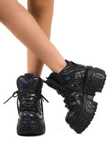 哥特式赛博朋克风格厚底系带高帮运动鞋，复古厚底运动鞋，男女通用时尚 - 黑紫 - 查看 5