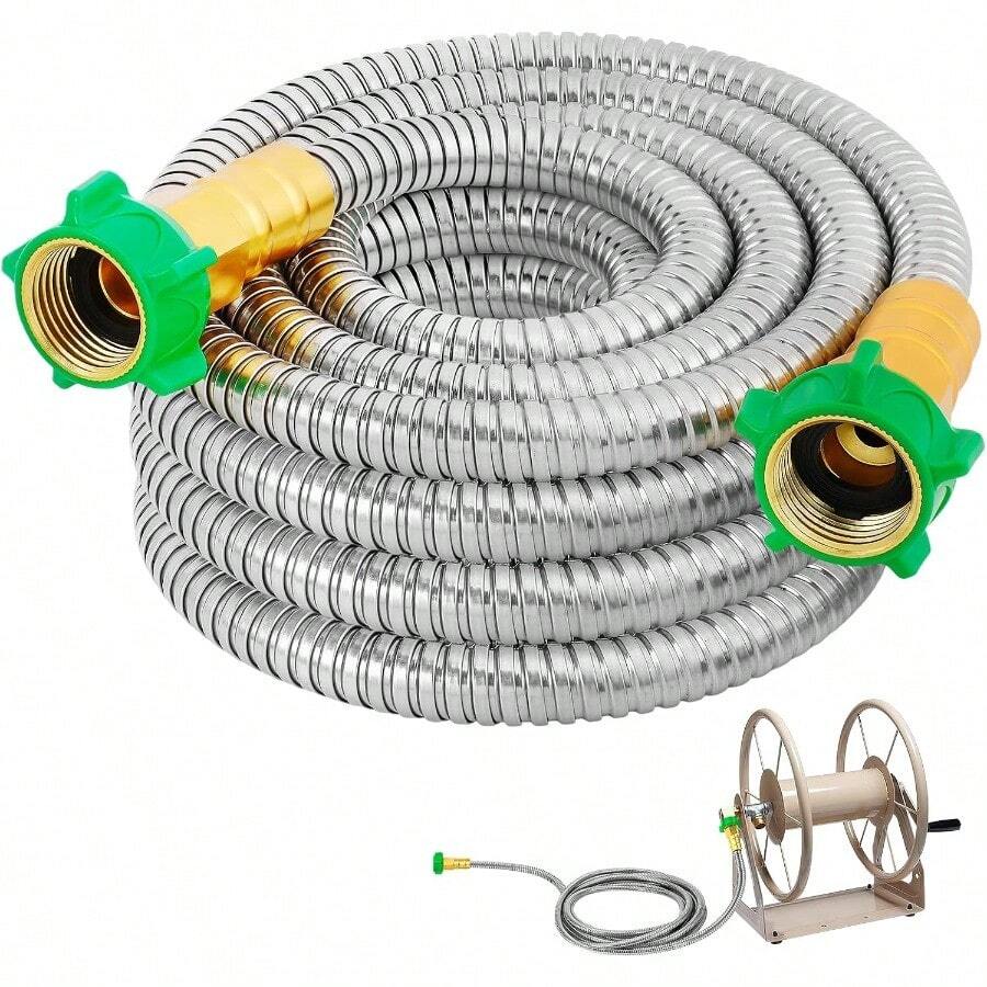 3ft Short Garden Hose With Female To Female Connector Metal Leakproof Leader Hose For Hose Reel Heavy Duty 304 Stainless Steel Flexible Hose For Outdoor Garden Watering Car Pet Cleaning - 15英尺 - 查看 1
