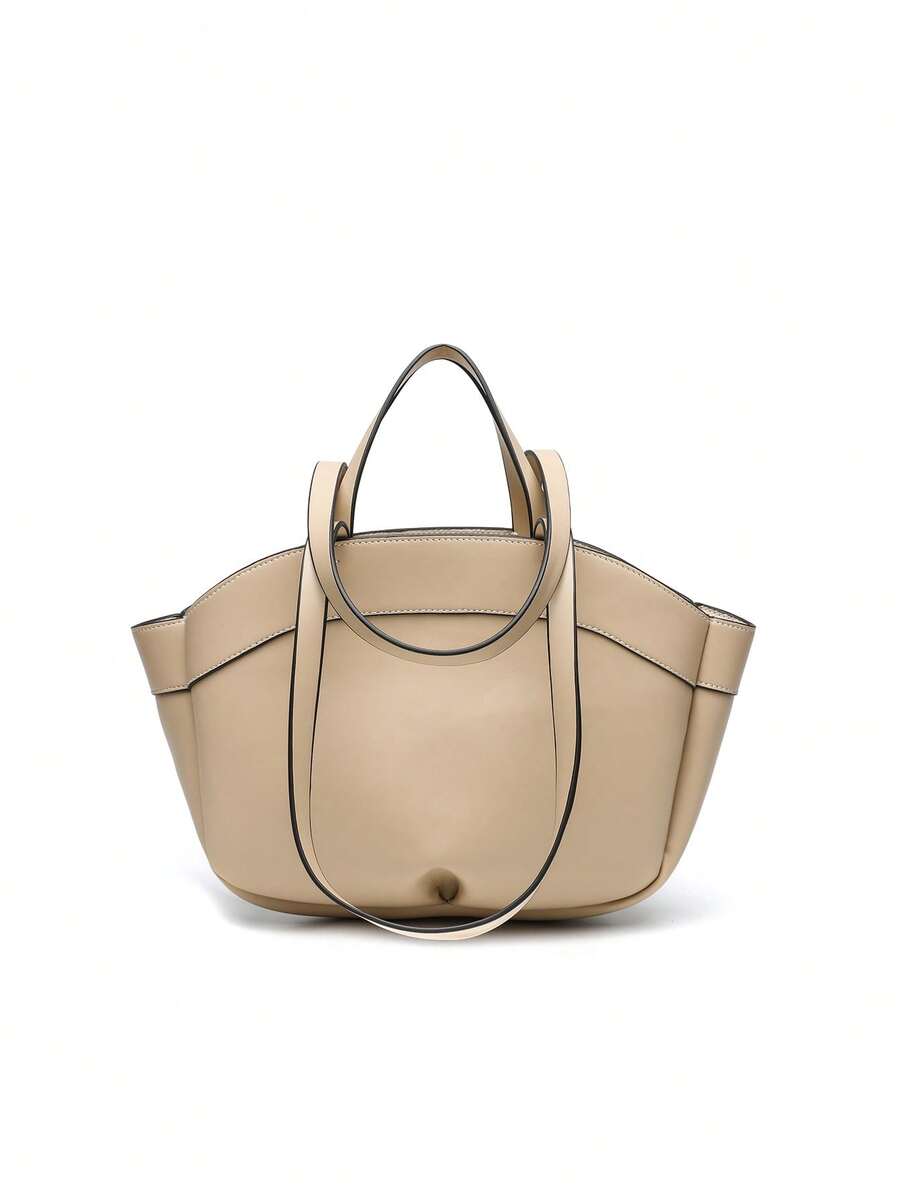 2024秋季新款PU皮革托特包，时尚大容量棕色通勤手提包带内袋，购物袋 - 卡其色 - 查看 1