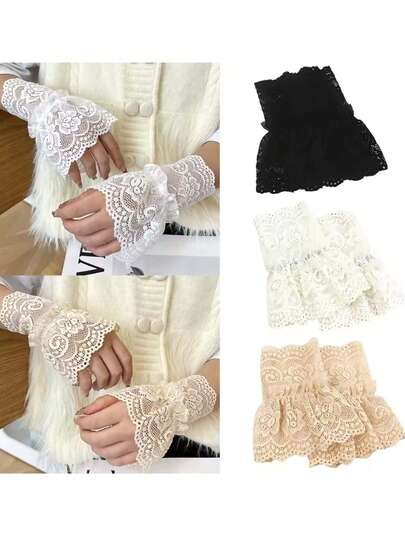 1pc Black Lace Hollow Crochet Fake Sleeves For Women, Super Fairy Flared Cuffs, Versatile Wrist Sleeves Suitable For Daily Life/Party And Other Scenes, Gifts For Parents And Other Relatives And Friends During Festivals, Romantic, Atmospheric, Accessories, Hot Selling,Black Gloves,White Gloves For Costume,Black Lace Gloves,Arm Sleeves