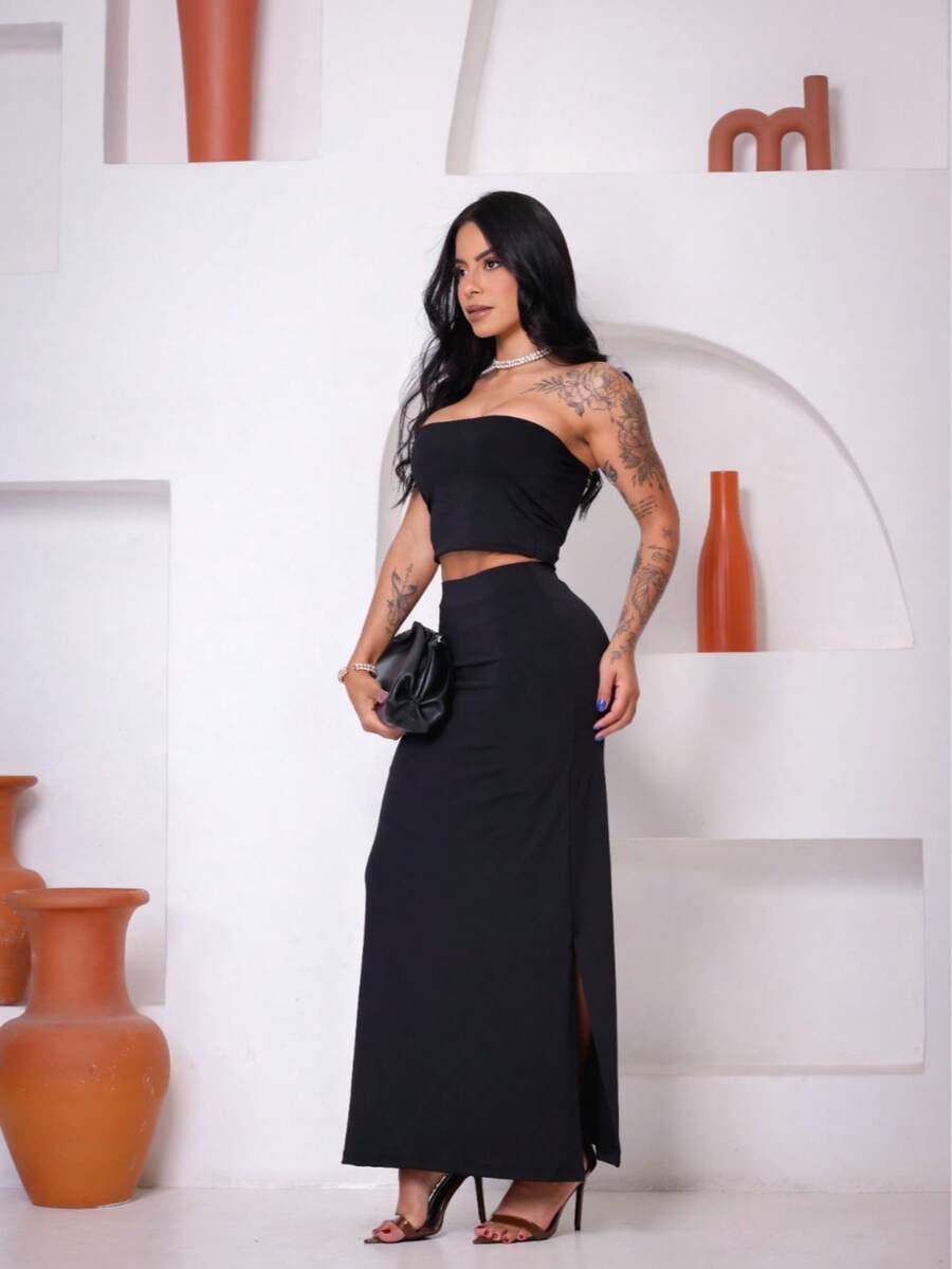 Women's Set Long Skirt And Cropped Strapless Summer Fashion - Black - View 1