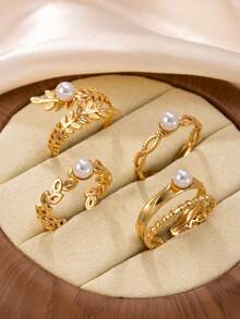 4pcs Stainless Steel Ring Set, Minimalist Adjustable Open Rings, Hollow Geometric Pattern Rings, Men's Wedding Accessories