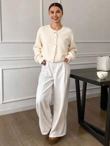 Livesso Drop Shoulder Fluffy Knit Button Front Cardigan,Long Sleeve Tops,Fall Clothes Jacket - Beige - View 5