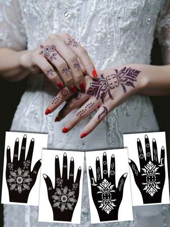 2PCS Haina Hand Drawn Two Hand Tattoo Template Minimalist Vine Flower Star Moon Symbol Pattern Haina Bride Hands Foot Back Beautiful Black Semi Permanent Fake Tattoo Haina Tattoo Template Set
