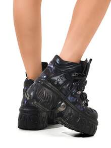 哥特式赛博朋克风格厚底系带高帮运动鞋，复古厚底运动鞋，男女通用时尚 - 黑紫 - 查看 4