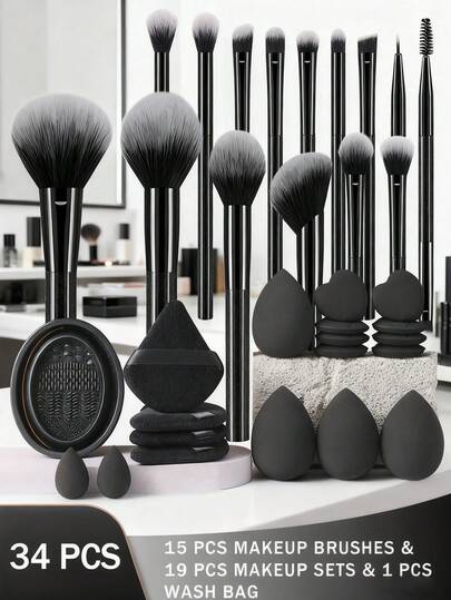 4/34pcs أدوات مكياج أدوات مكياج كاملة - 15 فرش مكياج احترافية + 4 إسفنجات مكياج كبيرة + 2 إسفنجات صغيرة + 4 نفث مسحوق المثلث + 8 نفث وسادة الهواء المصغرة + 1 منظف فرش | المواصفات العامة: 15 فرش مكياج + 19 قطعة