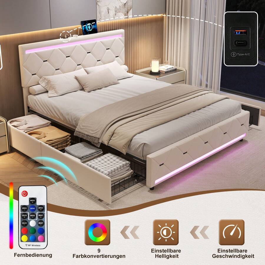 LIVLUX Bett 160 x 200 cm mit LED- und USB-Rahmen, gepolstertes Doppelbett mit 4 Schubladen, Stauraum und verstellbarem Kopfteil, geeignet für Erwachsene und Jugendliche (Weiß, 140 x 200 cm)