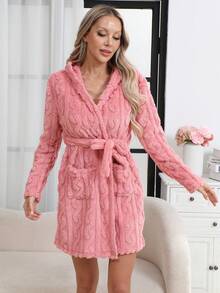 Halat de pluș din flanel pentru femei, stil jacquard roz, culoare solidă, stil casual confortabil pentru casă, toamnă/iarnă