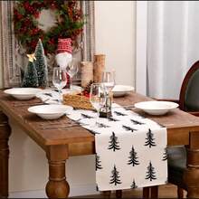 1 pièce/set Napperon en lin blanc avec sapin de Noël, set de chemin de table, 33 cm x 183 cm / 30 cm x 46 cm. Décoration de table de cuisine saisonnière, décoration de Noël pour la maison, décoration pour rassemblement festif