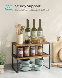 Cabinet Organizer Shelf, Set Of 2 Kitchen Counter Shelves, Kitchen Storage, Spice Rack, Stackable, Expandable, Metal And Engineered Wood, Ink Black And Rustic Brown - 棕色 - 查看 2