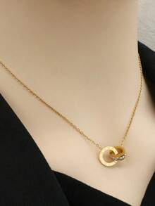 1PC Luxurious Roman Digital Double Ring Pendant Necklace Zirconia Women's Round Stainless Steel Necklace Jewelry - 金子 - 查看 2