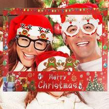 1pc Christmas Red Photobooth Props Frame+9pcs Paper Glasses, Used For Gatherings And Parties With Friends And Family, Event And Party Supplies, Party Photo Booth Props