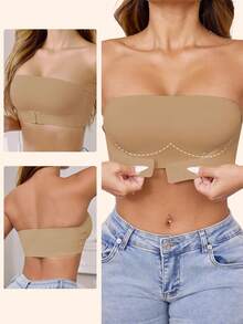 女士前扣式无肩带加厚文胸，新娘抹胸内衣，舒适透气黑色内衣，性感无钢圈无缝隐形提拉文胸，婚纱文胸 - 卡其色 - 查看 3