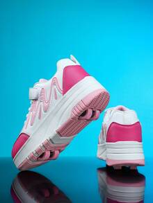 4-Wheel Detachable Roller Skate Shoes, Fashionable Versatile Running Shoes With Enhanced Stability, Suitable For Children Outdoor Casual Sports - Hot Pink - View 2