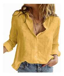 Women's Cotton Linen Blouse Long Sleeves Plus Size - Yellow - View 12