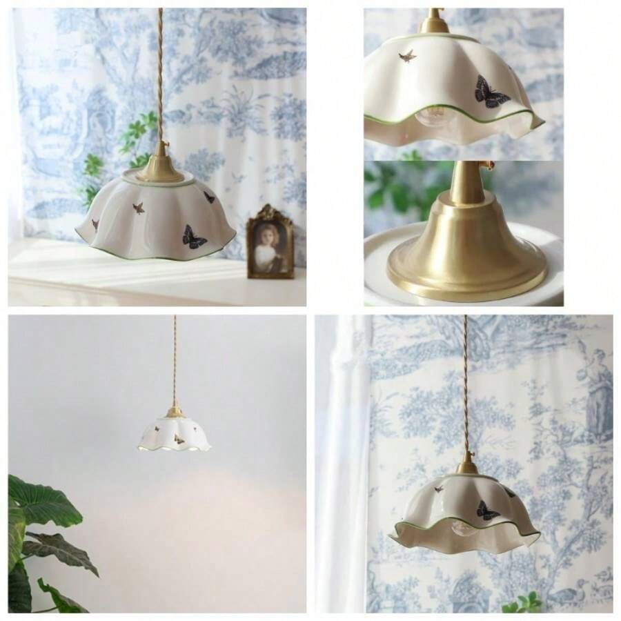 French Country Farmhouse White Glass Pendant Brass Large Flower Decorational Hanging Lamp Gold Vintage Indoor Chandelier E2627 Base Kitchen Island Bedroom Dining Table Living Room Foyer Bar - Un color - Ver 1