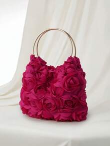 Clariva Elegant Rose Flower Evening Clutch Bag, Women's Formal Party Handbag, Sweet Girl Hand-Held Bag, Solid Color Bucket Bag, Bridal Handbag (Pattern Random), Exquisite Floral Bag For Women Gifts - Hot Pink - View 3