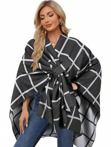 Ponchos para Mujer Elegantes,Chales para Mujer Capa Abierta,árdigan Abrigado de Otoño/InviernoT,ransformable en Bufanda o Chalina,Regalo de Navidad de invierno para mi esposa - Negro + Blanco - Ver 12