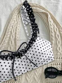 1 Set Women's Polka Dot Printed Bowknot Ruffle Trim Bikini Swimsuit, Fashionable & Elegant For Vacation - Black and White - View 3