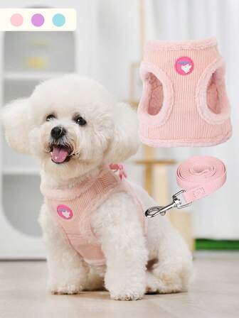 HLP365 Vintermysig hundsele - Mjukrosa väst med hjärtdetaljer, justerbara remmar och koppelfäste, endast handtvätt, bekväm och snygg djurväst för små till medelstora hundar, hundsele, husdjurskomfort, lekfull husdjursdesign, spännestängning