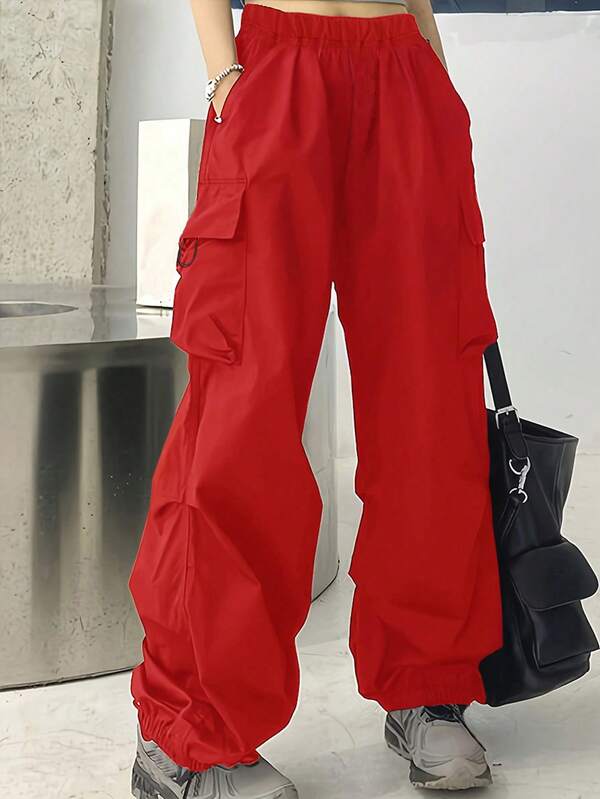 1pc Girl & Teen Girls' Casual Loose Solid Color Pocket Outdoor Sports Cargo Pants, Spring/Autumn