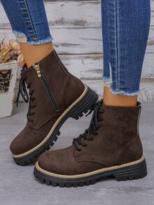 女士时尚靴子，纯色西部风格运动户外布艺金属孔眼系带侧拉链中筒靴，室内外通用踝靴，女士踝靴，女士冬季靴，新款女士踝靴，平底拉链靴，黑色靴子，女士切尔西靴 - 棕色 - 查看 4