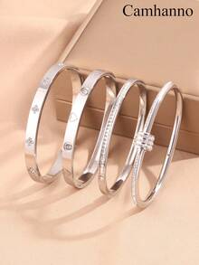 Camhanno 4 Pieces Chic And Delicate Stainless Steel Bracelets Assortment With Special Heart - Themed And Decorative Motifs, Suitable For Dating, Party Gathering And Daily Commute, A Fabulous Gift To Show Your Taste