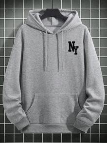 男士 NY Element 印花保暖连帽衫，街头风，秋冬季长袖上衣 - 灰色 - 查看 4