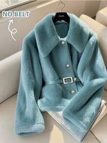 Áo khoác lông ngắn tối giản phong cách retro thời trang nữ, không có thắt lưng, mùa đông - Màu xanh nhạt - Xem 1
