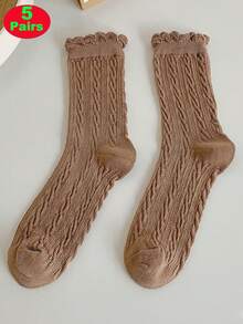 5 Pairs Women's Solid Color Braided Fashion Casual Versatile Mid-Calf Lace Socks, Fall Socks