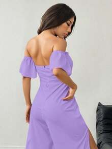 Jumpsuit elegante de pierna ancha con hombros descubiertos para mujer, mono largo bohemio con mangas cortas y volantes para fiesta, tejido muy elástico - Lila Púrpura - Ver 3