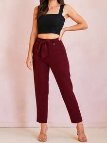 Pantalón de Mujer Tiro Alto con Moño en la Cintura.  Estilo Elegante. - Burdeos - Ver 4