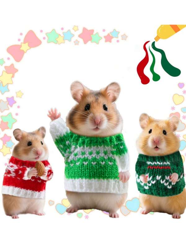 1 pieza Nuevo suéter tejido de hámster navideño, decoración de oso dorado y rama, lindo atuendo para sesión de fotos de mascotas