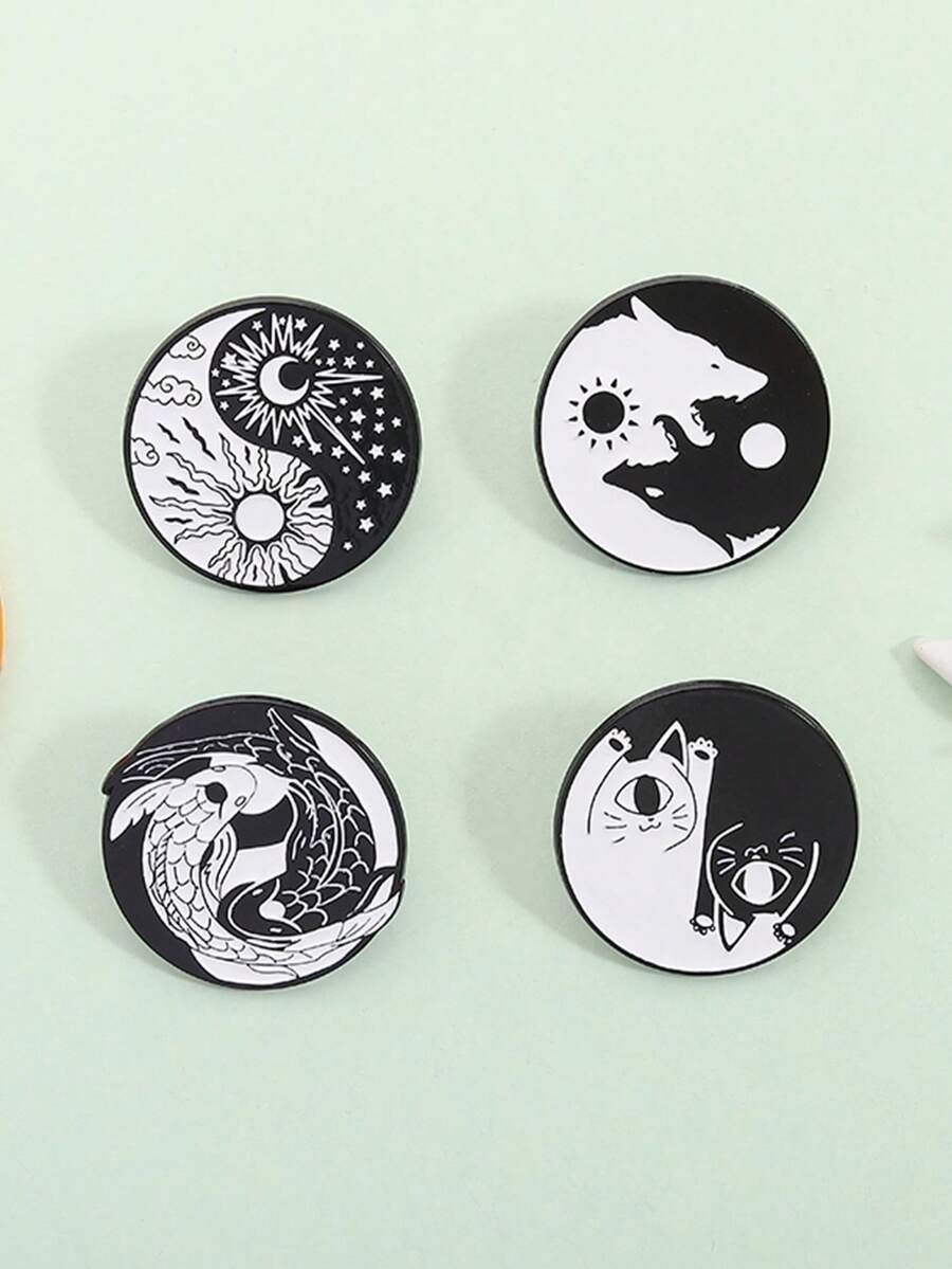 4 piezas Alfileres de solapa personalizados con diseño de Yin-Yang, Bagua, Koi, sol, luna y gato en esmalte como regalo para niños y amigos