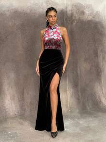 Faeriesty Modern Chinese Qipao Dress: Sleeveless High Slit Cheongsam. Elegant Evening Gown For Galas, Weddings, Banquets & Red-Carpet Events. - Black - View 3