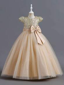 Girls Sequin Embroidered Bodice Tulle Ball Gown Dress With Glitter Skirt Short Sleeves And Big Bow Back Princess Flower Girl Dress For Wedding Birthday Pageant Formal Occasion - 香檳色 - 查看 3